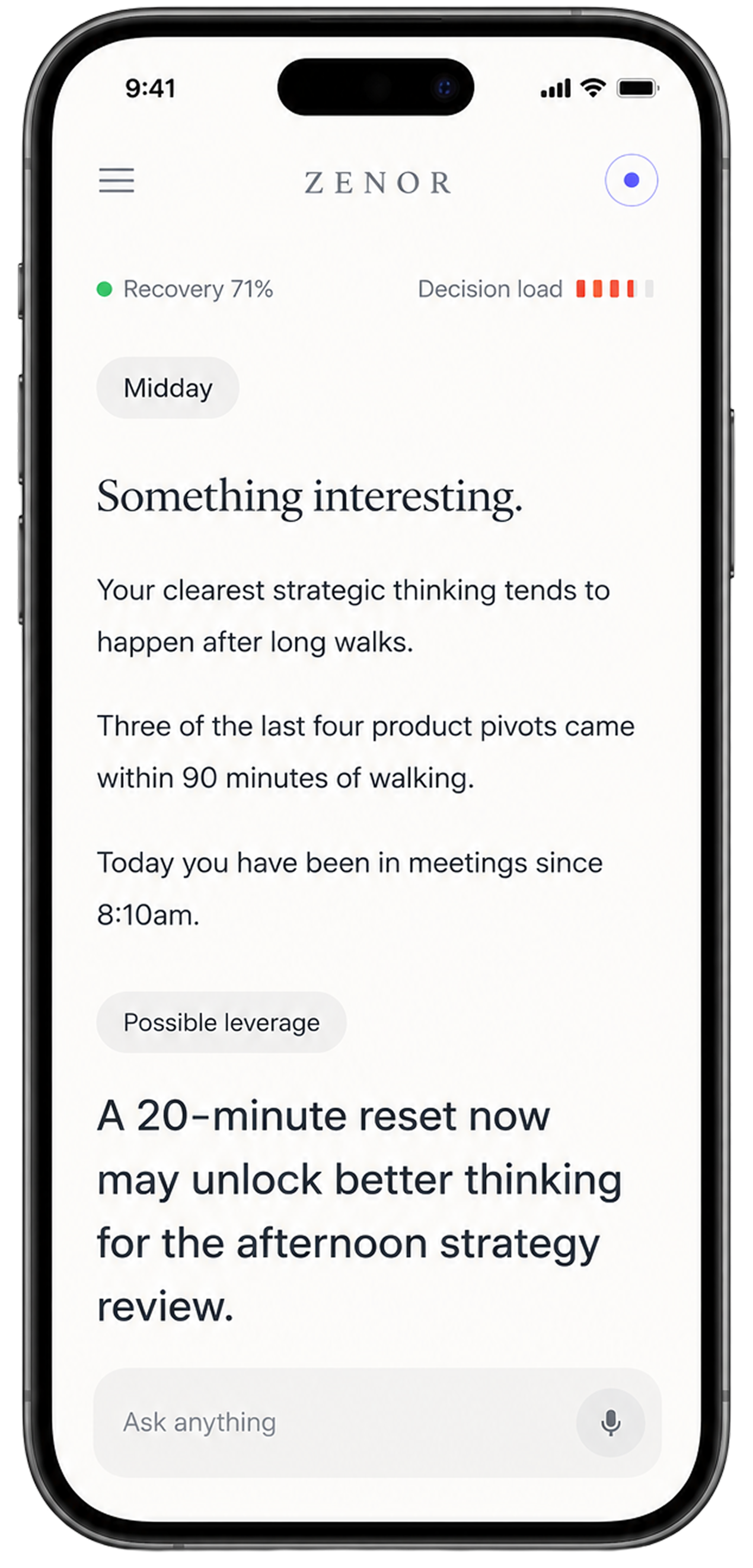 Zenor midday insight on iPhone: Something interesting about walking and strategic thinking