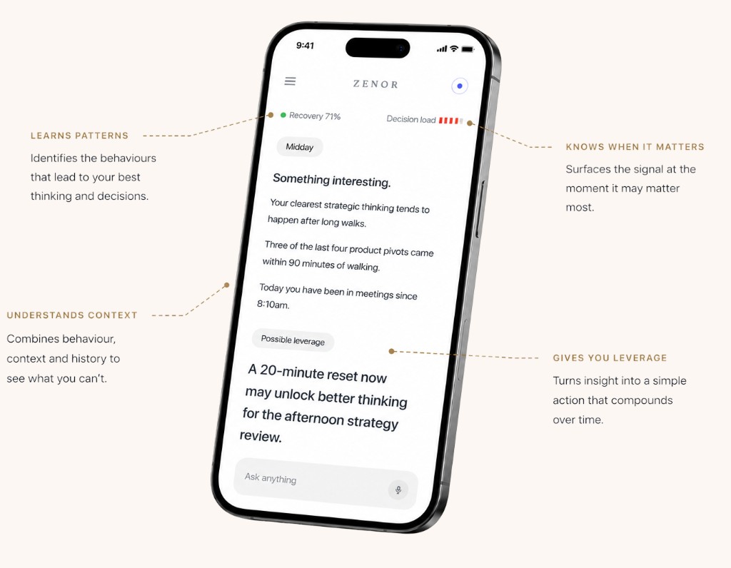Zenor product moment: midday insight with Learns patterns, Understands context, Knows when it matters, and Gives you leverage callouts